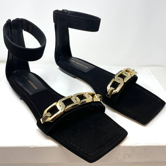 Good American Suede Chain Ankle Strap Flat Sandals In Black Size 9.5 New - Picture 5 of 13